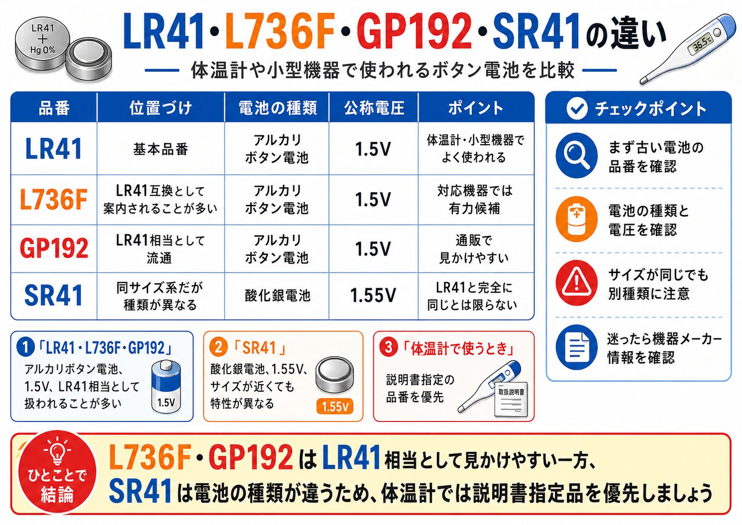 LR41・L736F・GP192・SR41の違い