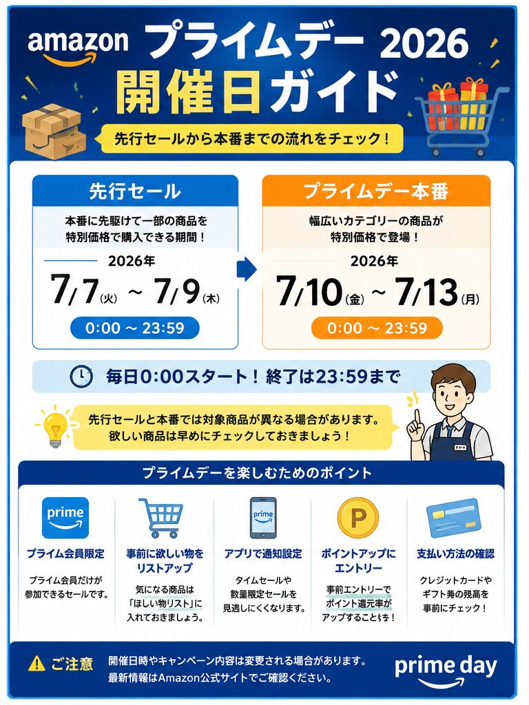 Amazonプライムデー2026の開催日と先行セールの流れ